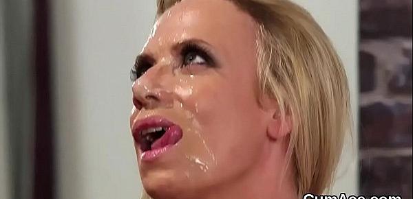  Kinky looker gets cum load on her face swallowing all the jizm